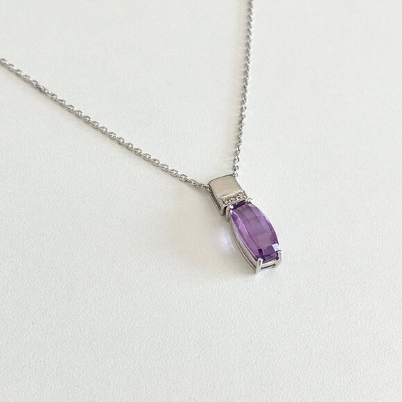 14K Solid White Gold Faceted Amethyst Diamond Accent Pendant Chain Necklace 18" - Picture 5 of 11